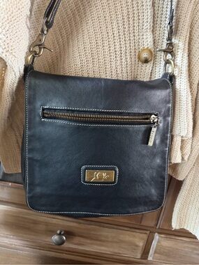 Black Leather Crossbody with Gold Accent Plaque